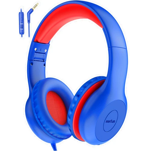 EarFun Kids Headphones Wired with Microphone, 85/94dB Volume Limit Headphones for Kids, Portable Wired Headphones with Shareport, Stereo Sound Foldable Headset for School/Tablet/PC/Kindle, Navy Red