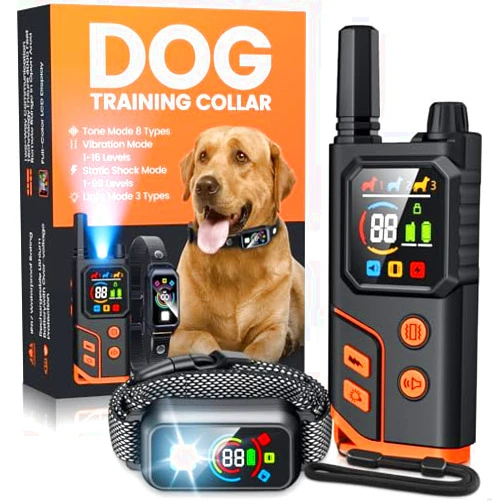POMPONGO Dog Shock Collar 3300FT with Light for Night Walks, Dog Training Collar with Remote Control, E Collar with Adjustable Pitch Beep,Vibration and Shock,Rechargeable Waterproof Shock Collar for Dogs