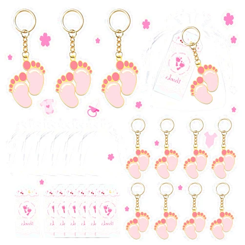 BUYWUMORE 12 Sets Baby Shower Favors for Girl Pink Footprint Keychain Gifts with White Organza Bags and Thank You Tags for Oh Baby It's a Girl Baby Shower Party Decorations Supplies (Girl)