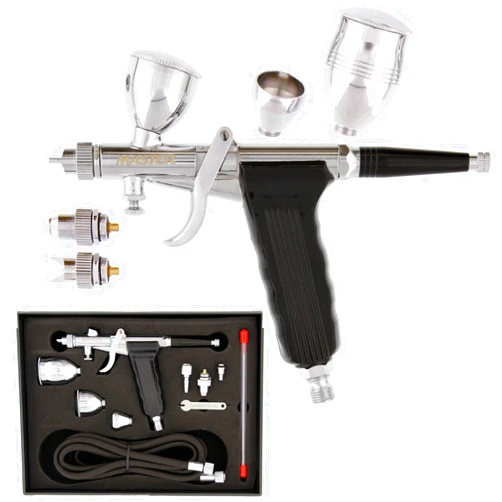 Master Airbrush Model G77 Pistol Trigger Fixed Dual-Action Gravity Feed Airbrush, 2 Nozzle Sets (0.3 & 0.5mm), Spray Gun Fan Head, Round Pattern Head, 3 Cup Sizes, 6' Hose - Auto Graphics, Art, Hobby