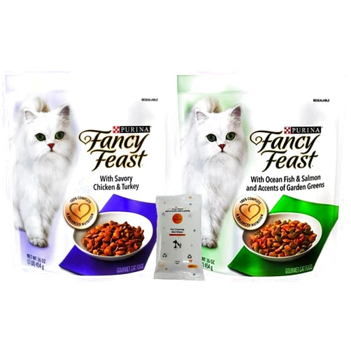 Aurora Pet Variety Pack (2) Fancy Feast Gourmet Dry Cat Food (Ocean Fish and Salmon, Chicken and Turkey) 16-oz Bags with AuroraPet Wipes