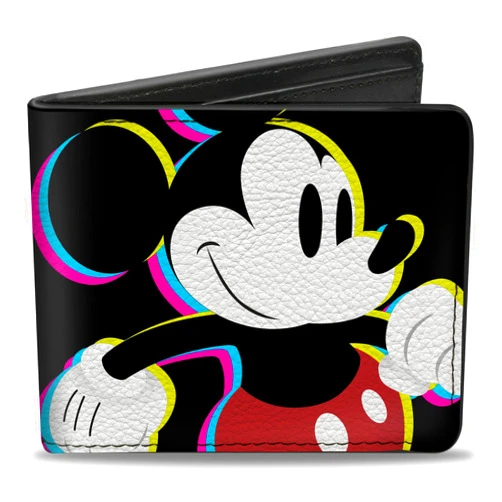 Buckle-Down Men's Disney Wallet, Bifold, CMYK Mickey Mouse Walking Pose Pixel Text Black Multi Neon, Vegan Leather, Multicolor, Standard Size