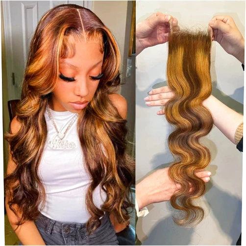 AUROO Highlight Body Wave Closure Honey Blonde Ombre 4x4 Closure Human Hair 14 inch, Transparent Lace Closure Frontal Pre Plucked with Baby Hair Brazilian 10A Unprocessed Virgin Remy 4/27 Wavy Closure