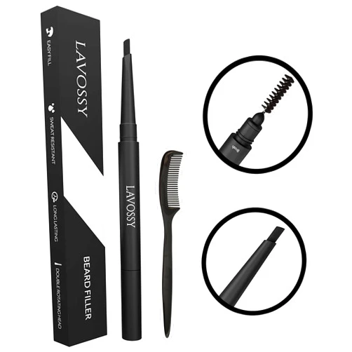 LAVOSSY Beard Pencil - DARK BROWN - Long Lasting and Easy to Use Beard Pen with Blending Brush for Sleek & Natural Look, Water/Sweat Proof