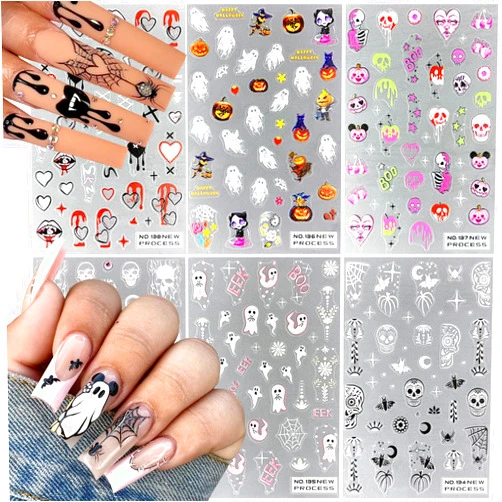 KZBTRBT 6 Sheets Halloween Nail Stickers 5D Embossed Gothic Nail Decals Horror Skull Ghost Blood Pumpkin Star Moon Heart Nail Art Design Sticker for Halloween Nail Art Accessories Manicure Decorations