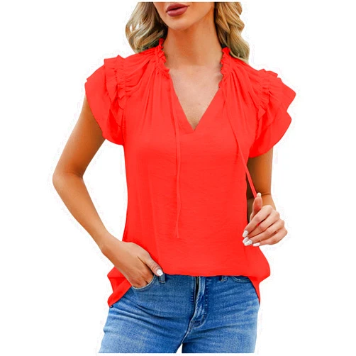 Bawilom Women's Summer Tops Trendy Elegant Drawstring Ruffle Short Sleeve Pleated Blouses Dressy Casual T Shirts V Neck Tees
