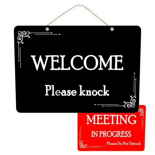 Peramarl Meeting in Progress Sign,Do Not Disturb Sign,In Session Office Door,Welcome Please Knock Reversible Sign for Business Home Office Meeting, Privacy Home Door Hanger Sign（12 X 8 Inches,Acrylic)