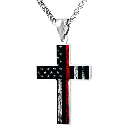Adjzepuo Red Black Thin Line American Firefighter Flag Cross Pendant Necklace for Men Religious Jewelry Polished Silver Chain Necklace Birthday Gift