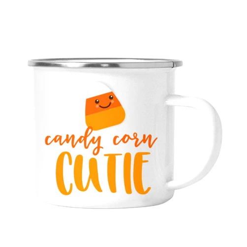 Andaz Press Fall Autumn Season 11oz. Stainless Steel Campfire Coffee Mug Gift, Candy Corn Cutie, 1-Pack, Enamel Camp Themed Birthday Gift Ideas for Hostess Friends