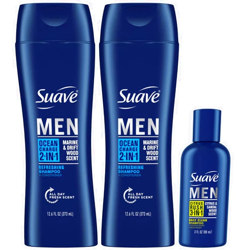Suave Body Wash, Shampoo & Conditioner 3-in-1, Citrus Rush for Men, Travel Size + Shampoo and Conditioner 2-in-1, Ocean Charge for Men, Full Size, Twin Pack (3 Piece Set)