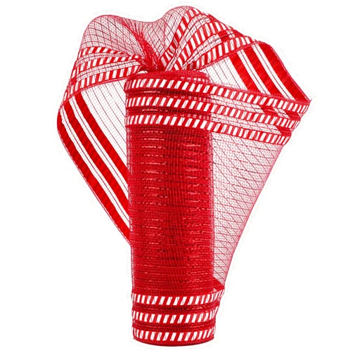 HUIHUANG Red Deco Mesh 10 inch Wide Metallic Ruffle Patterned Mesh Roll with Candy Cane Christmas Decorations Decorative Mesh for Wreath Supplies, Swags, Garland, Tree Decor-10 Yards