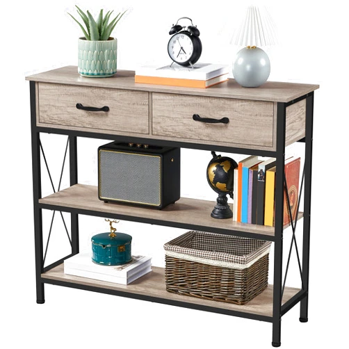 Yaheetech Console Table with 2 Drawers, 3-Tier Entryway Table with Storage Shelves, Narrow Long Sofa Couch Table for Living Room, Hallway, Metal Frame, Gray