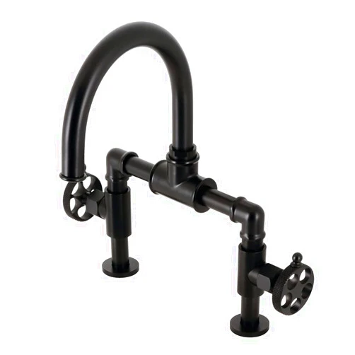Kingston Brass KS2170RKX Webb Two-Handle 2-Hole Deck Mount Bridge Bathroom Faucet with Knurled Handle and Push Pop-Up Drain in Matte Black