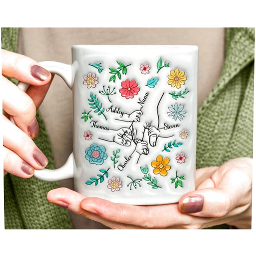 FriendsCustom Personalized Holding Mom‘s Hand 3D Inflated Effect Mug, Family Custom 3D Inflated Effect Printed Mug, Customized Gift For Grandma Nana, Mothers Day Mugs Gift for Women, Birthday Gifts for Mom