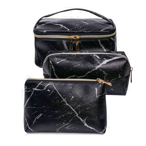 FITINI 3 Pack Marble Makeup Bag Travel Toiletry Bag Portable Cosmetic Pouch Organizer with Small Brush Holders Gold Zipper Waterproof Storage Case for Women and Girls,Black