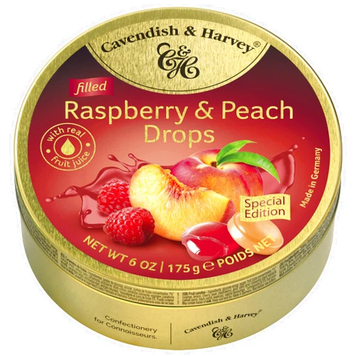 Cavendish & Harvey | Raspberry & Peach Filled Hard Candy Drops | 6 Ounce Tin