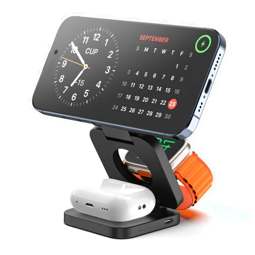 KU XIU X55 Fast Wireless Charger, Magnetic Foldable 3 in 1 Charging Station for iPhone 15/14/13/12/Pro/Plus/Pro Max, 5W Portable Charger for Apple Watch9/8/7/6/5/4/3/2/SE, for Airpods3/2/Pro-Black