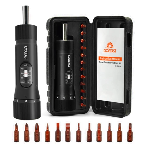 Coobeast 13Pcs Preset Torque Screwdriver with S2 Bits, 1/4” Drive Torque Wrench Screwdriver Set for Maintenance, Tools, Bike Repairing and Mounting, Inch Pound Torque Range 10-70 In-lb