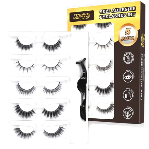 DIKAYI Reusable Self Adhesive Eyelashes Without Glue - 5 Pairs Natural Fluffy False Eyelashes - Soft and Natural Look Lashes with Tweezers - No Glue Needed! Gift for Beginners - Waterproof and Mink, black