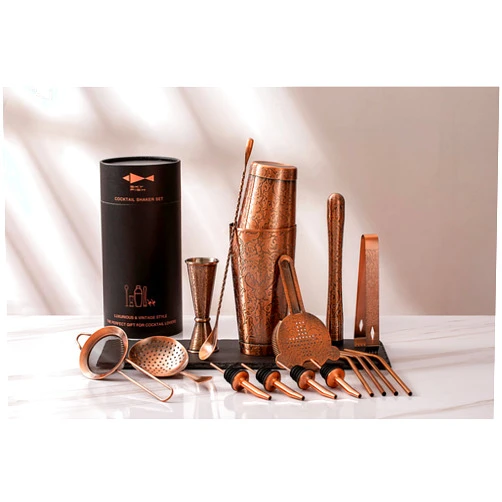 Sky Fish 3D Etched 18-Piece Bartender Kit Stainless Steel Boston Cocktail Shaker Set Copper Plated Bartending Tools Suit for Bar Tools Set Mixology Enthusiasts, Professional Bartenders and Home Drink