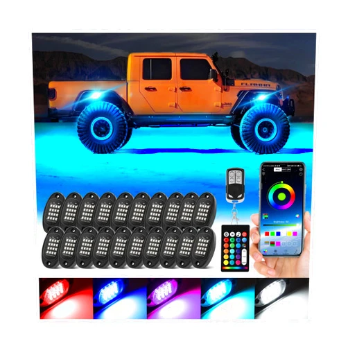 TDE Explorer.Lighting 20 Pods Segmented RGB LED Rock Lights for Semi Trucks Offroad Pickup Trailer RV SUV Boat, 12V Waterproof Multicolor Neon Underglow Kit with APP/RF Control Red Brake Sync Music Vehicle Underbody Light
