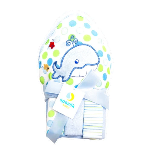 Spasilk Baby Bath Hooded Terry Towel with 3 Washcloths, Baby Bath Essentials, One Size, Blue Whale