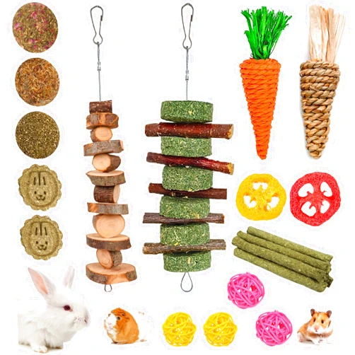 Grddaef 20 PCS Bunny Chew Toys for Teeth, Natural Rabbit Toys Apple Wood Grass Timothy Sticks Chew and Treat for Guinea Pigs Hamster Chinchillas