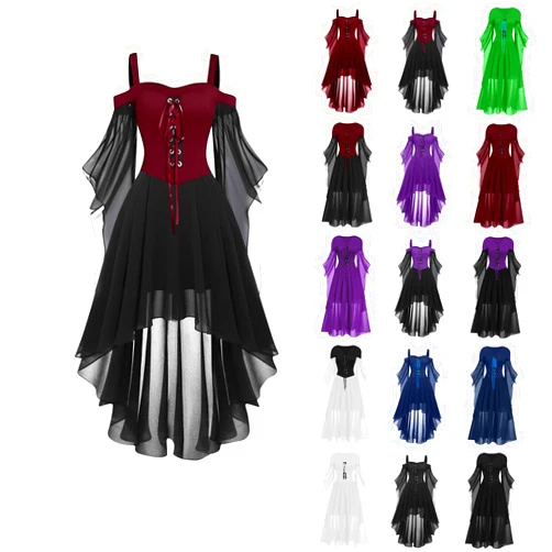 Wanvekey Halloween Costumes for Women 2024 Half Lace Sleeve Fairy Dress Vintage Dress Flare Shoulder Renaissance Dress