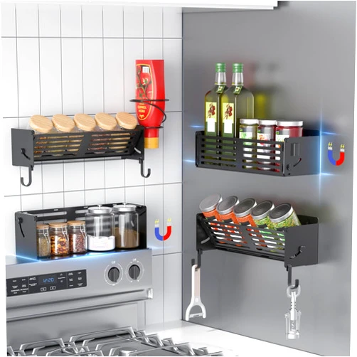 CLESOO Magnetic Spice Rack for Refrigerator, 4 Pack Moveable Magnet Organizer for Spice Jars and Seasonings, Wall Mounted Fridge Shelves with 2 Spiral Holder and 8 Hooks for Kitchen and Stove