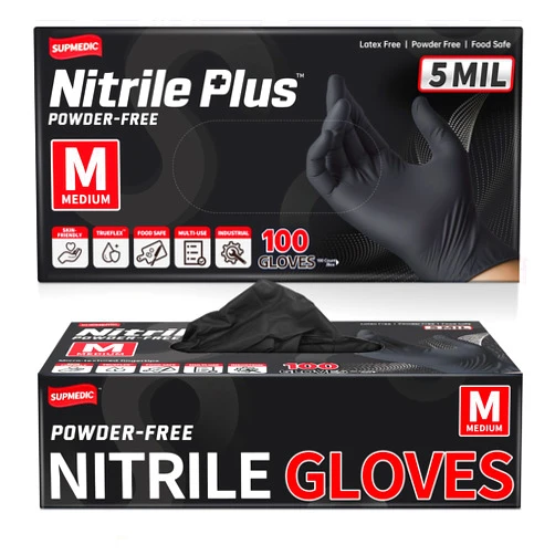 Supmedic Disposable Nitrile Gloves, 5Mil Chemical Resistant Powder-Free Latex-Free Glove Exam Cook Tattoo, Black Blue 100Pcs