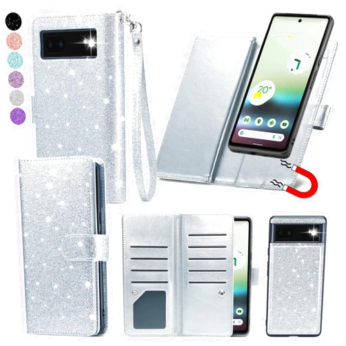 Varikke Compatible with Google Pixel 6a Case, Detachable Magnetic Wallet Case with Card Holder, Kickstand, Wrist Strap, Glitter PU Leather Flip Phone Cover for Women Men, Silver