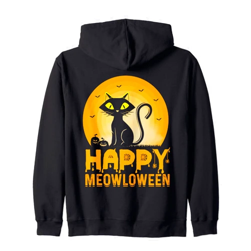 Halloween Decorations & Costumes For Cat Lover Halloween Cat Happy Meowloween Spooky Girls Women Men Zip Hoodie