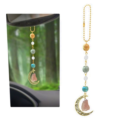 Sosolong Boho Moon Hanging Car Charm, Crystal Car Rearview Mirror Pendant, Car Decor for Women,Cute Ceramic Car Accessories.