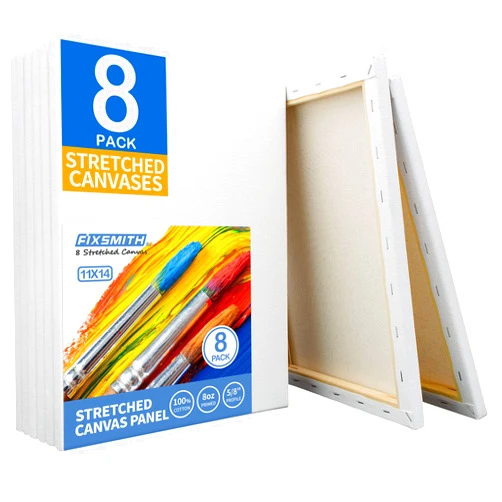 FIXSMITH Stretched White Blank Canvas - 11x14 Inch, 8 Pack, Primed,100% Cotton,5/8 Inch Profile of Super Value Pack for Acrylics,Oils & Other Painting Media
