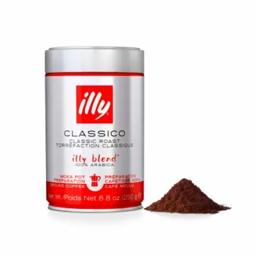 illy Coffee, Moka Ground, Classico Medium Roast, 100% Arabica Bean Signature Italian Blend, Premium Gourmet Roasted Coffee, Pressurized Fresh 8.8 Ounce Tin, Stovetop Moka Pot Preparations Caffe Macinato