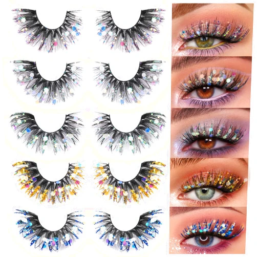 Zegaine Glitter Lashes Colored False Eyelashes Wispy Lashes 5 Pairs Dramatic Lashes Cat Eye Festival Lashes Pack 5 Style by Zegaine