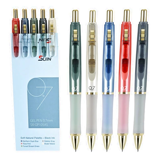 SUIN Gel Pens, Premium 0.7mm Black Ink, Retractable Rolling-Ball Gel-Pens, Refillable Medium Fine Point for Smooth Writing - Pack of 5