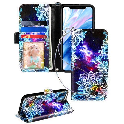 Petocase Compatible with iPhone 12 Pro iPhone 12 Wallet Case 6.1 Inch Released in 2020,Mandala Nebula Leather Folio Flip Wristlet Shockproof Protective Card Holder Slot Phone Case-Blue Sky