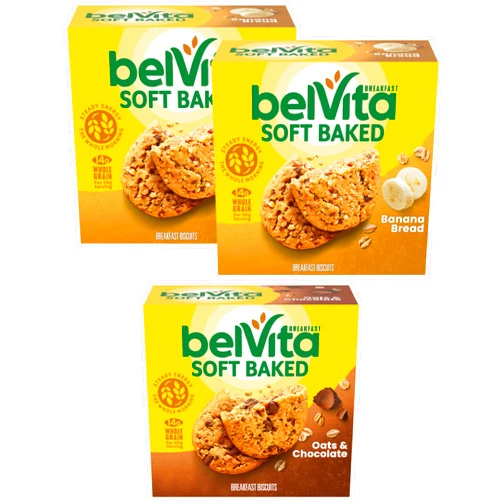 belVita Soft Baked Breakfast Biscuits Variety Pack, Banana Bread and Oats & Chocolate, Chewy Breakfast Bars, 3 Boxes of 5 Packs (1 Biscuit Per Pack)