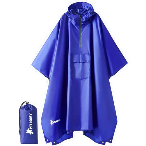 PTEROMY Hooded Rain Poncho for Adult with Pocket, Waterproof Lightweight Unisex Raincoat for Hiking Camping Emergency