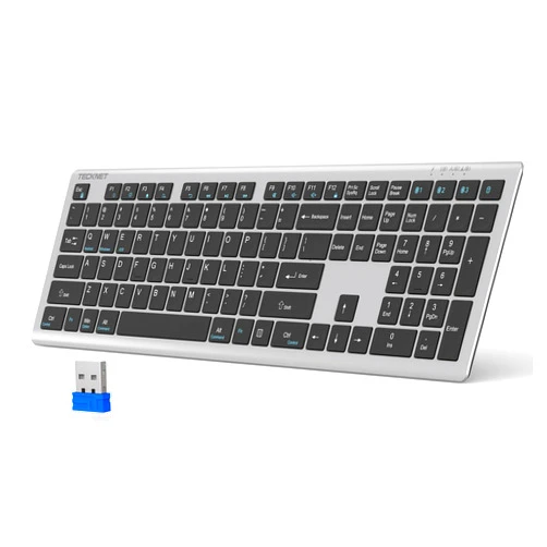 TECKNET Bluetooth Keyboard Rechargeable, 4-Device Free Switching (2.4G+BT), Ultra-Slim Full Size Wireless Keyboard, Quiet Typing, for PC/Laptop/Smart TV/Phone, Adjustable Stand, 12 Multimedia Keys