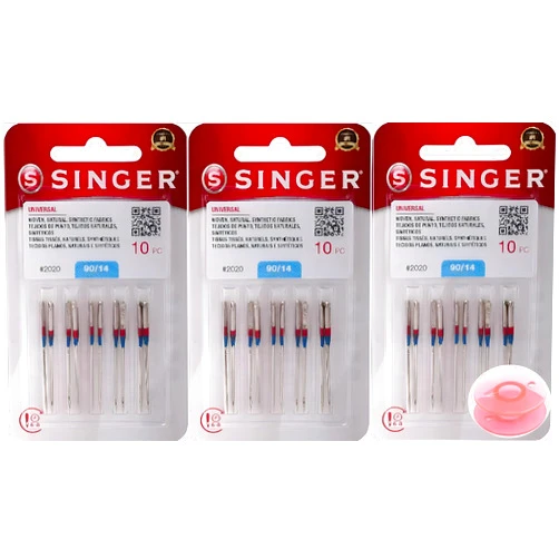Inceler Supplies- Singer 30 Counts Size 90/14 Universal 2020 Sewing Machine Needles (3 Packs) Bundle with Inceler Brand Plastic Bobbin for All Household Sewing Machines