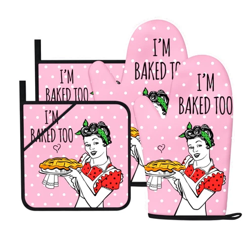 HAISUKA Funny Oven Mitts and Pot Holders Sets Pink Kitchen Accessories Cute Kitchen Decor Funny House Warming Gifts Heat Resistant Cooking Baking Gifts for Women (Pink, Oven Mitts & Pot Holders)
