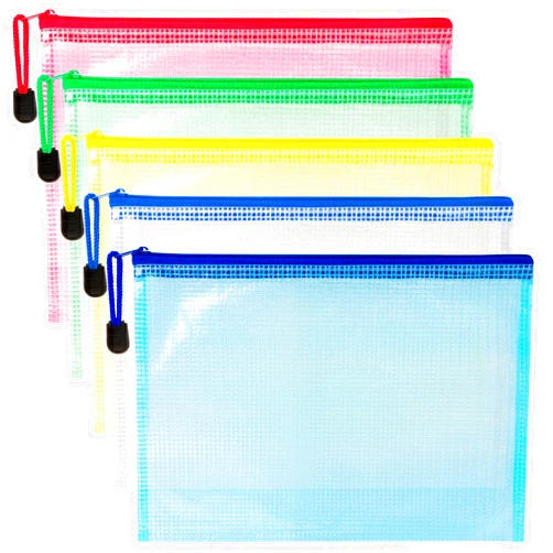 MAQIHAN Mesh Zipper Pouch Bags - 5 Pack Waterproof Zipper Bags 13.2 x 9.4 Inch Clear Mesh Storage Pouches Assorted Colors for Home, Office, School, Travel, Puzzles, Board Game, Cosmetic, Accessories