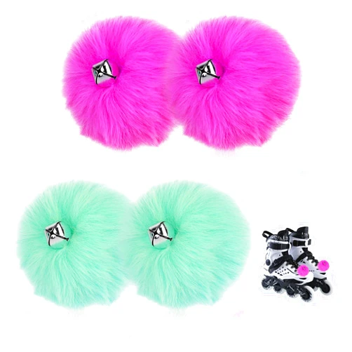 Mozeat Lens 4 Pieces Roller Skate Pom Poms with Bells for Women Girls Fluffy Pompoms Tie-on Roller Skate Pom Poms for Quad Roller Skate Accessories 8 cm