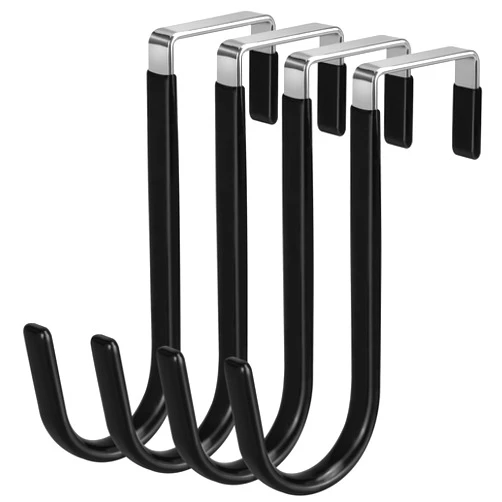 DkOvn 4 Pack Over The Door Hook, Door Hooks, Black Rubber Surface Prevent Scratche Door Hanger Hooks for Bathroom, Living Room, Kitchen, Hanging Clothes, Towels, Bags(4 Pack Black)