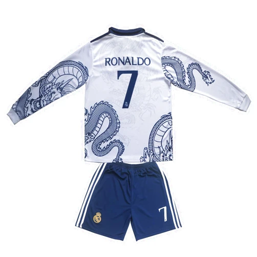 CEKFAX Madrid Ronaldo #7 Special White Dragon Edition Long Sleeve Football Soccer Kids Jersey Shorts Set Youth Sizes