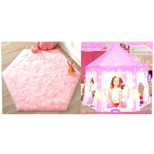 KIXINWA Pink Princess Tent with Large Star Lights and Pink Princess Rug
