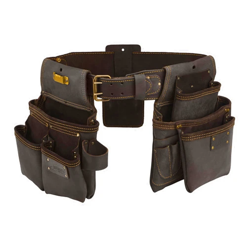 OX Tools Pro 4 Piece Carpenter Tool Belt, Construction Rig, Leather Tool Belt with Two Pouches, Hammer Holder, Tape Measure Pocket, Adjustable Leather Belt, OX-P263604