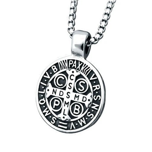 Enhong Mens Stainless Steel St Benedict Medal Necklace,Silver Catholic Medalla Cross Demon Protection Roman Exorcism Pendant Ghost Hunter